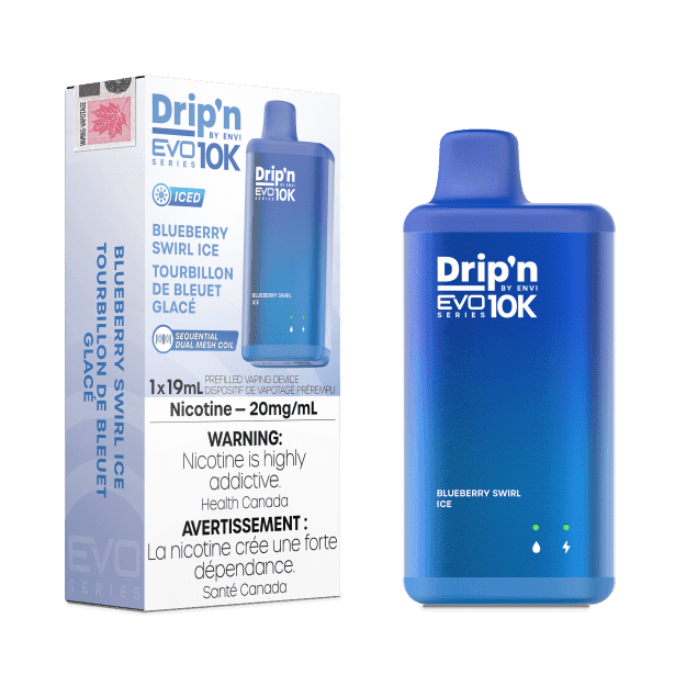 Dripn_EVO-10K_NOV2023-RENDER-FAM_EXS_20mg_BlueberrySwirlIce-min.png Drip'n EVO 10K By Envi (10000 Puffs) Disposable Vape – Blue berry Swirl Ice