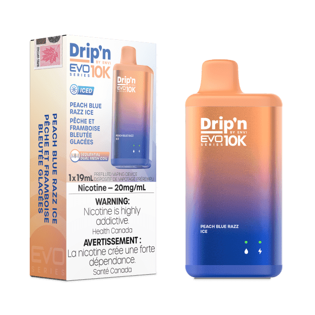 Dripn_EVO-10K_NOV2023-RENDER-FAM_EXS_20mg_PeachBlueRazzIce-min.png Drip'n EVO 10K By Envi (10000 Puffs) Disposable Vape – Peach Blue Razz Ice