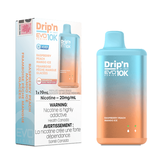 Dripn_EVO-10K_NOV2023-RENDER-FAM_EXS_20mg_RaspberryPeachMangoIce-min.png Drip'n EVO 10K By Envi (10000 Puffs) Disposable Vape – Raspberry Peach Mango Ice