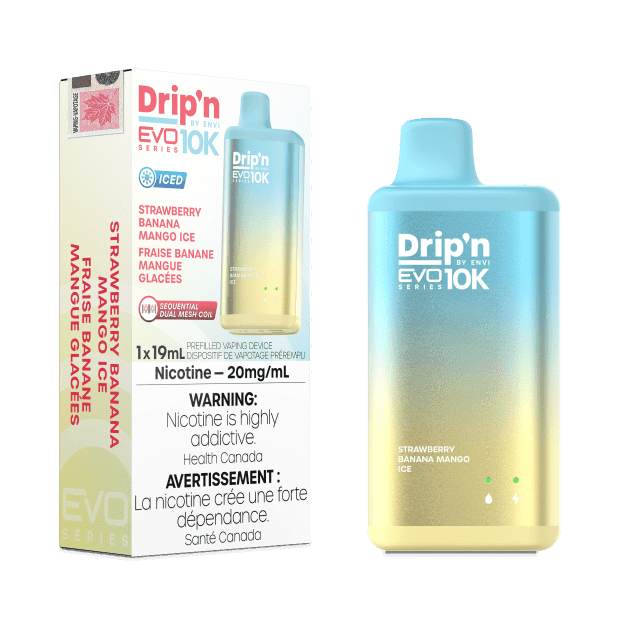 Dripn_EVO-10K_NOV2023-RENDER-FAM_EXS_20mg_StrawberryBananaMangoIce-min.png Drip'n EVO 10K By Envi (10000 Puffs) Disposable Vape – Strawberry Banana Mango Ice