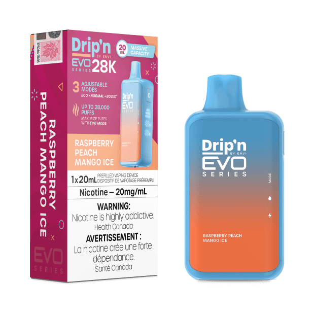 Dripn_EVO-28K-RaspberryPeachMangoIce.png Drip'n EVO 28K Puffs Disposable Vape – Raspberry Peach Mango Ice