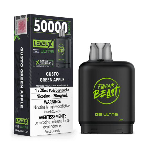 Flavour Beast Level X G2 Ultra 50K Puffs Pods – Gusto Green Apple Flavour Beast Level X G2 Ultra 50K Puffs Pods – Gusto Green Apple
